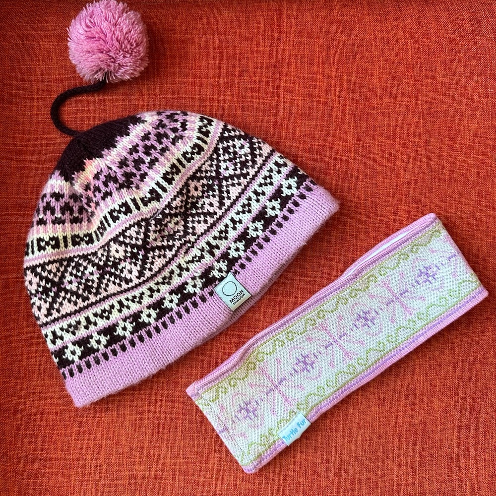 Fair Isle Knit Hat & Headband - Pink Set